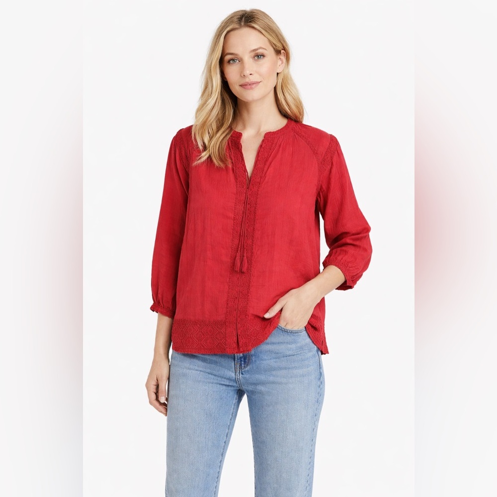 Madewell Red Embroidered Boho Blouse Size Medium Long Sleeve Top‎